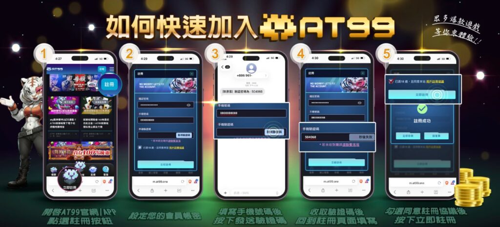 AT99註冊教學五步驟示意圖，展示如何快速加入AT99的完整流程，包括下載、登入、填寫資料與完成驗證